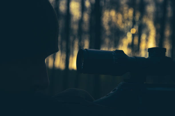 Hunter aiming with rifle scope in low light dawn settings in forest